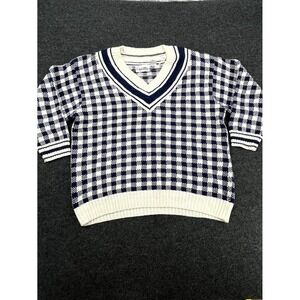 Vintage Capistrano 90s Sweater Women 2X Blue White Check Ramie Tight Knit V Neck